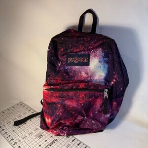 Jansport Galaxy Print Backpack red violet outer space stars full size 2 zipper